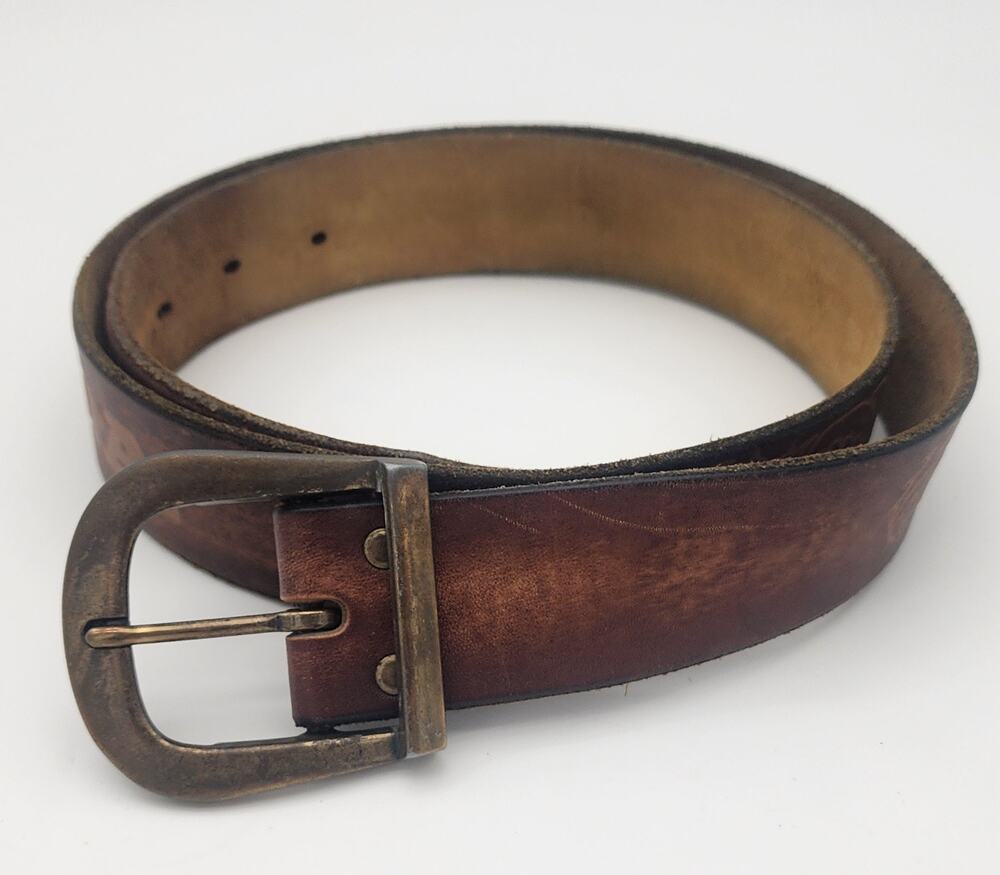 Vintage Leather Belt Size 40 with Ornate Floral Leather Work and HONDA Etching